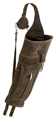 elToro Rückenköcher Big Pack – dunkelbraunes Wildleder, klassischer Lederköcher mit Dreipunktsystem, ca. 57 cm Länge, große Zubehörtasche – Köcher für Bogensport und Pfeile