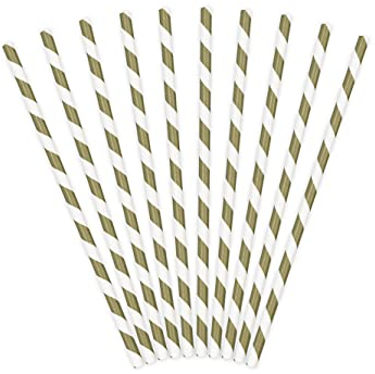 PartyDeco SPP1-019 Lot de 10 pailles jetables, en papier, 19 cm, pour cocktail, boissons, décoration de fête, rayures dorées/blanches, 19,5 cm, 19,5 cm