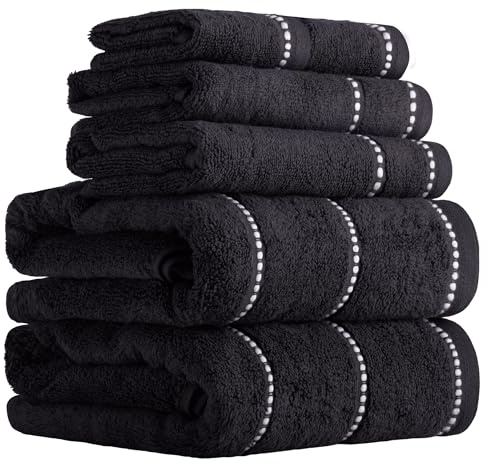 Lavish Home Handtuch-Set, 525 g/m², 100% Baumwolle, mit 2 Badetüchern, 2 Handtüchern und 2 Waschlappen, saugfähige Handtücher für Bad, Dusche, Fitnessstudio, Spa und Schlafsaal, Schwarz, 6-teilig