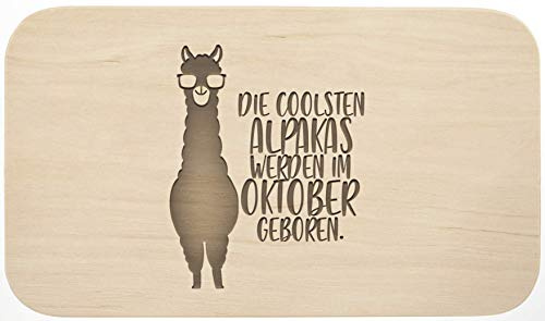 Frühstücksbrett mit Gravur - ''Die coolsten Alpakas werden im Oktober geboren'' - Holz - hochwertige Qualität - Geschenk - Schneidebrett - Küchenbrett - Frühstücksbrettchen - Brotzeitbrett (Oktober)