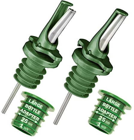 Poura Vertedores de Botellas con Tapón Antigoteo para Alcohol, Vino y Aceite - Mantiene Los Productos Fresco,Sin Oxidación. Con 2 Adaptadores para Botellas Cuello Grande - Verde 2pk