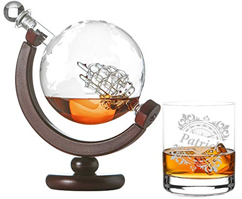 polar-effekt Whisky Karaffe Globus Segelschiff aus Glas - 1 Whiskyglas Tumbler mit Gravur Motiv Vintage Kompass - Weltkugel Dekanter 850ml - Personalisiert mit Namen - Geschenk zum Geburtstag
