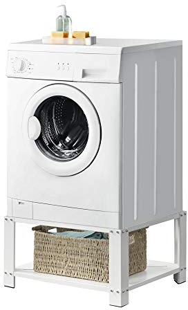 [en.casa] Pedestal para Lavadora con Estante Inferior para Almacenar Soporte Universal para Lavadora 63 x 54 x 31 cm hasta 150 kg Báse Estándar para Lavadora Plataforma Acero Blanco