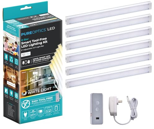 PureOptics LED Works with Alexa Smart Under Cabinet Lighting Kit, Adjustable LEDs, (6) 9 Bars, White
