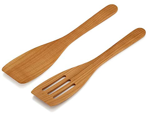 Linnuo Pfannenwender Holz 2er Set 30cm - Schutz vor Kratzer für Pfanne - Küchenhelfer aus edlem Kirschholz - Hitzebeständig, Antibakteriell - 100% EU Naturprodukt - Plastikfrei & Gesund - Spatula