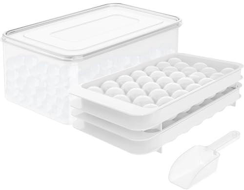 Runde Eiswürfelform mit Deckel, Eiskugel-Form für Gefrierschrank mit Behälter, Mini-Kreis-Eiswürfelform, 66 Stück, Kugeln, Eiskühlung, Cocktail, Kaffee (2 weiße Tabletts, 1 Eiseimer und Schaufel)