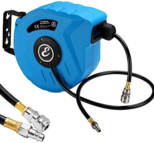 Avvolgitubo Aria Compressa Con Tubo Professionale Attacco 1/4 Fissaggio Parete Muro Sistema Blocco Automatico Riavvolgitore Auto Stop Accessorio Compressore Salvaspazio Pressione 24 Bar (10 + 1 Mt)