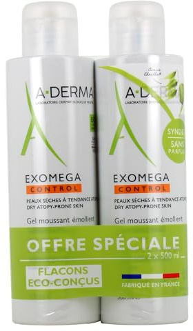A-DERMA Exomega Control Gel Schiumoso Emolliente Anti-Grattamento Confezione da 2 x 500 ml