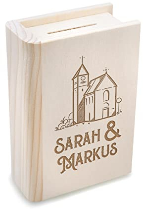 Personalisiertes Sparbuch in Buch Optik - mit Wunschgravur - Kieferholz - Naturprodukt - mit Metallschloss und Schlüssel - wiederverwendbar - für Hochzeit, Jahrestag, Trauung - Motiv Kirche