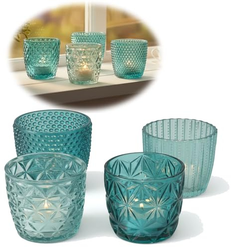 LS-LebenStil 4X Glas Teelichthalter Retro Türkis Petrol 7cm 4´er Set Kristall Ornament Teelicht-Gläser Windlicht-Halter Kerzenständer Tischdeko Kerzen Deko Kerzenhalter für Teelichter Hochzeit