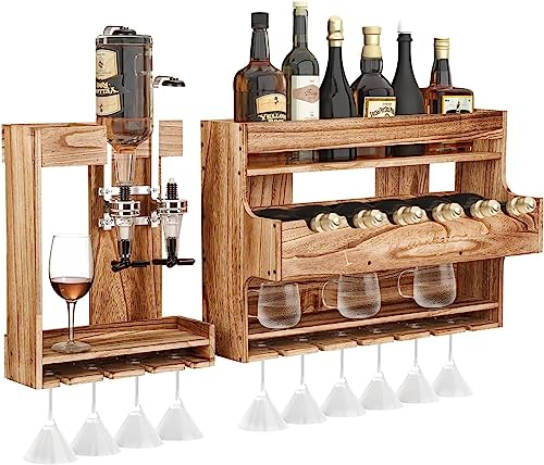 ybaymy Wall Mounted Wine Rack 3 Tier Hanging Wine Glass Holder Fixing Bottle Bracket & 2 Opstics Set Wooden Wine Holder for Bars Kitchen Glass Goblets