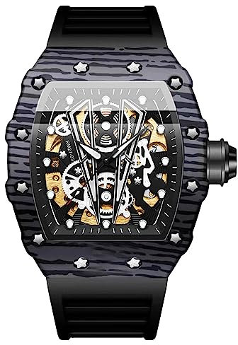 Rorios Tonneau Armbanduhren für Herren - Mechanische Automatik Uhr, Mode Sport Wasserdicht Leuchtend Watch, Männer Punk Mit Silikon Armband Schwarz