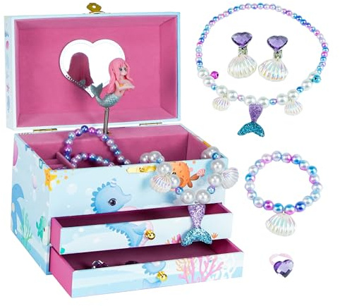 AdelDream Boîte à bijoux musicale Petite fille Boîte à bijoux pour fille et femme Cadeau d'anniversaire Cadeau d'anniversaire pour enfants trois couches de sirène bleu 5 ensembles de bijoux