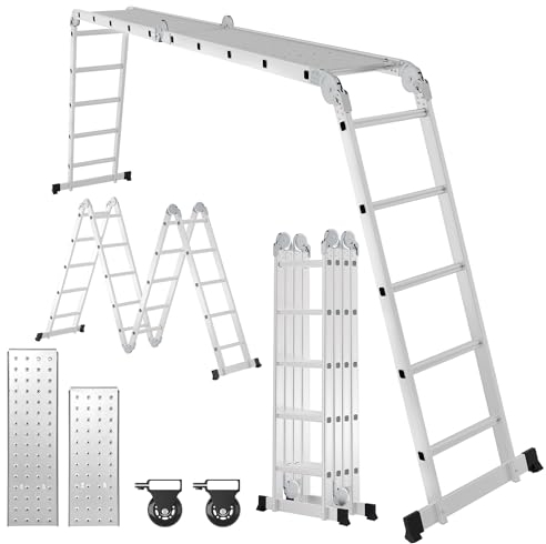 Cecaylie Mehrzweckleiter 4x5 Stufen, 5,82M Alu Multifunktionsleiter mit Plattform und Rollen, 7 in 1 Vielzweckleiter Klappleiter 20 Sprossen bis 150 kg