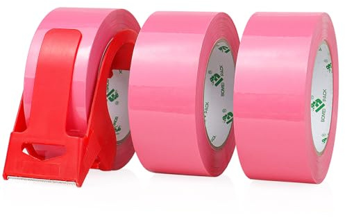 BOMEI PACK Pink Packing Tape with Dispenser, 2.4 Mil 1.88 Inch x 110 Yards, 3 Refills Rolls Color Box Tape for Moving, Shipping and Packaging