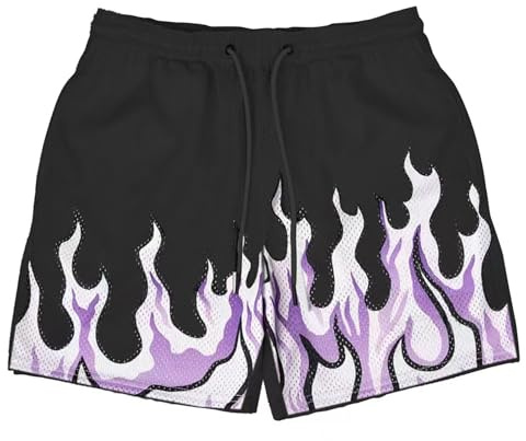 MECH-ENG Herren-Shorts, Grafik-Shorts, Flamme, Workout, Laufen, Kordelzug, Retro, Mesh, Boxen, Basketball-Shorts, Schwarz, Klein