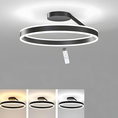 LED Deckenleuchte Ring Rund Schwarz 60cm 68W Dimmbar mit Fernbedienung | Beidseitig abstrahlend, Deckenlampe Wohnzimmer 5800lm, Halbeinbau, Deckenbeleuchtung mit Speicherfunktion