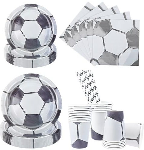 Aitsite Juego de 100 platos para fiesta de fútbol, color gris y blanco, vajilla de fútbol para 20 invitados, decoración para fiestas de cumpleaños