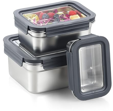 Misichao Luftdichte Frischhaltedosen aus Edelstahl mit Deckel – stapelbare Lebensmittelbehälter für Küche und Speisekammer, auslaufsicher, Metall Bento Lunchbox (450 ml + 1100 ml +2500 ml)