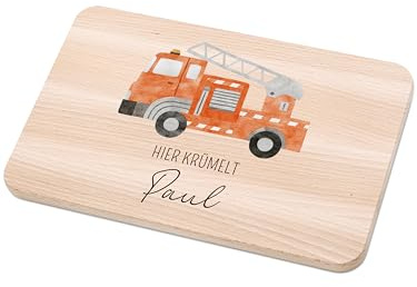 Bärenfreunde - Individuelles Holzbrett mit hochwertigem Spezial-Druck für Kinder - Personalisiertes Frühstücksbrettchen - Niedliche Motiv-Brettchen mit Namen (Feuerwehr rot)
