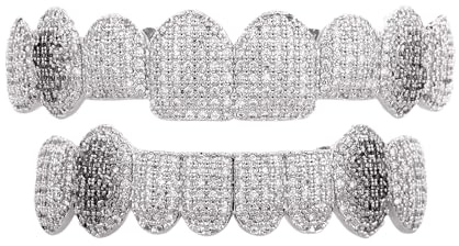 ICEDIAMOND 14K 8 Teeth Micro-pave Iced Out Tooth Gem Dental Braces, Gold Plated Hip Hop Bling CZ Diamond Teeth Wear Cover for Men Women (White)