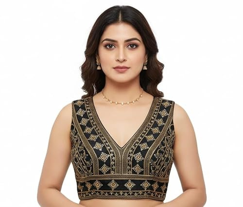 KULIA® Camicie da Donna Camicetta Nera Elasticizzata per Sari Abito Dirndl da Donna Abbigliamento da Festa Camicetta Imbottita in Stile Indiano di Design Bollywood già pronta per Sari Crop Top