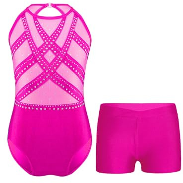 Linjinx Kinder Mädchen Gymnastikanzug Glitzer Turnanzug mit Hose Ballett Body Gymnastikbody Trikotbody Sport Shorts Tanzshorts Tanzkleidung Hot Pink 134-140