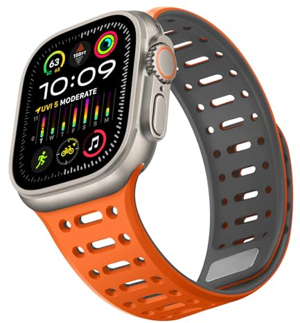 ZZDZZ Compatible avec Bracelet Apple Watch 49mm 46mm 45mm 44mm 42mm 41mm 40mm 38mm, Bracelet en Silicone Magnétique pour iWatch Ultra 3/2/1 Série 11 10 9 SE3 8 7-1 (49/46/45/44/42, Orange Gris)