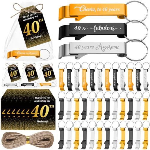 SiliFine 50-Piece 40th Birthday Party Favors: Bottle Opener Keychains with Thank You Cards & Gift Bags