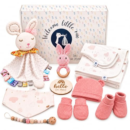 veviur – Windeltorte Baby Geschenkset – Neugeborenen Geschenkbox mit Schmusetuch, Rassel, Schnullerkette, Decke & Lätzchen – Geburtsgeschenk für Mädchen & Junge