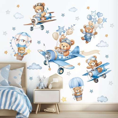 wondever Wandtattoo Flugzeug Tiere Bär Wandsticker Heißluftballon Bär | Abziehen und Aufkleben, Abziehbar, Wandaufkleber Selbstklebend für Kinderzimmer Junge Babyzimmer Jungenzimmer Wanddeko