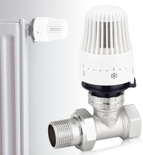 Termostatventil termostathuvud, 1/2 radiator ventil genomgång, radiatortermostat komplett uppsättning genomgångsform vit, gänganslutning värmeregulator termostatuppsättning skalhuva