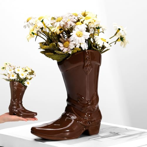 CroBlissful 5.9 Inch Cowgirl Boot Vase for Book Shelf Ceramic Cowboy Decoration Arrangements Nice Western Country Accent Vase Unique Boot Planter for Modern Aesthetic Room Wedding Decor(Brown)