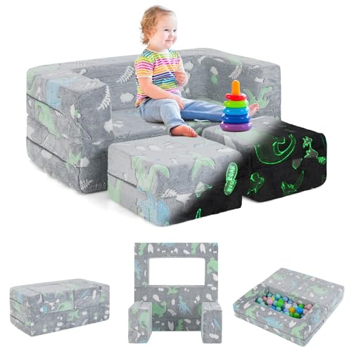 COSTWAY Divano Pieghevole 3 in 1 per Bambini Brilla al Buio, Poltrona Bambini con Rivestimento in Flanella Rimovibile e Lavabile, Pouf per Cameretta (Dinosauro Grigio)