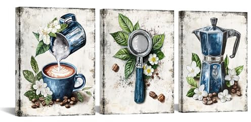 KREATIVE ARTS Vintage Coffee Wall Art Set of 3 Caffe Tamper, Moka Pot Coffee Maker Posters with Modern Flower and Coffee Bean Artwork for Kitchen, Dining Room, Coffee Bar, 12x16in, Ready to Hang