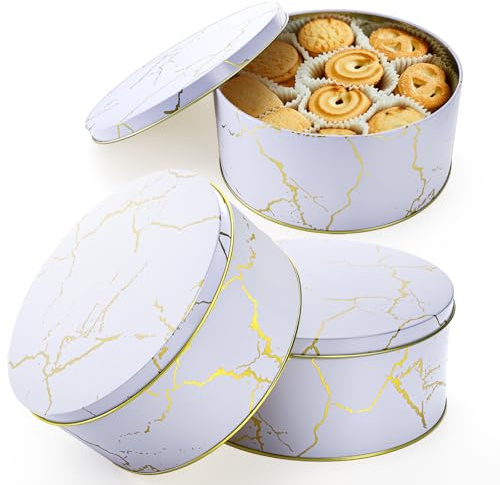 Yopay 3 Pack Cookie Tins with Lids, Round Gift Boxes for Toffee, Marbled Easter Baking Cake Containers for Valentines Gift Giving Puff Pastries Craft Supplies Metal Canister