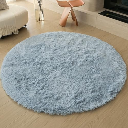 Swsen Rund Teppich Wohnzimmer Super Weich - Shaggy Teppiche Flauschig Anti-Rutsch Unterseite - Moderner Carpet Waschbar Langflor Hochflor Teppiche 100 cm Durchmesser, Seeblau