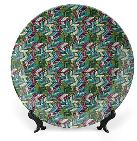 asbwuo Ceramic Display Plate, Abstract Ceramic Hanging Decorative Plate, Exotic Feather Pattern Colorful Design, 7 Inch, Teal Purple Cream