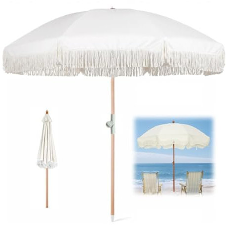RTVGNSZSJL Parasol De Plage avec Franges 200cm Parasol De Patioe Bohème pour Balcon/Jardin/Camping, Parasol De Plage Hawaï Protection UV(White)