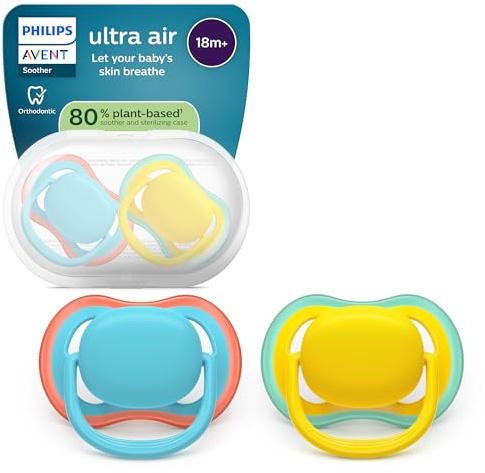Philips Avent ultra air chupetes: diseño anatómico, para bebés a partir de 18 meses, tetina simétrica de silicona suave, sin BPA, con estuche esterilizador, paquete de 2, SCF349/57