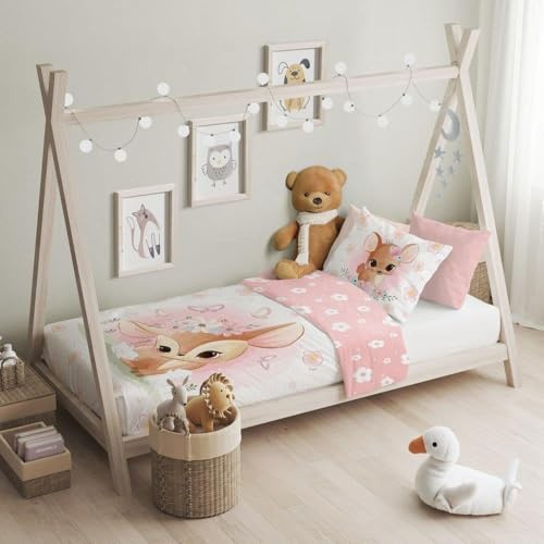 texpot Kinderbettwäsche Set 100 x 135 + 40 x 60 cm mit Druckmotiv REH 100% Baumwolle Reißverschluss pflegeleicht