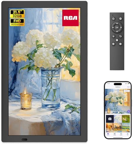 RCA 21.5 Large WiFi Digital Picture Frame Electric Uhale Frames with Remote Control 32GB Memory, 1920 X 1080P FHD IPS No Touch Screen, Support Wall Mount, Auto Rotate, Instantly Share Photos Videos