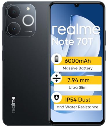 realme Note 70T Smartphone 4+64GB,Batterie de Grande capacité 6000mAh,écran 90Hz pour Le Confort oculaire,Chipset UNlSOc T7250,IP54,Noir