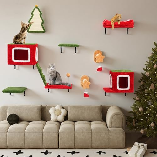 BYBYME Weihnachts-Klettergerüst für Katzen, 8-teiliges multifunktionales und stabiles Katzen-Wandmöbel-Set mit Katzenbett und -Haus, Kratzbrett und Sisal-bezogenen Pfosten zum Spielen