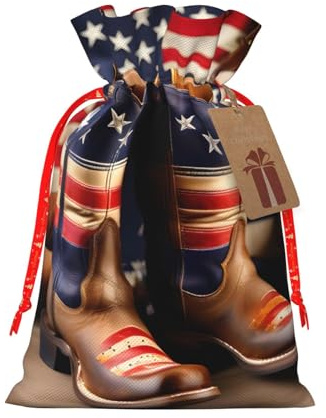 Longzehao Bolsas de regalo con cordón de Navidad con estampado de botas de vaquero con bandera estadounidense, bolsa de regalo para Navidad, vacaciones, fiesta de cumpleaños