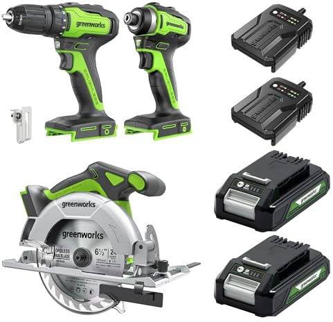 Greenworks 24V 3‑teiliges Akkutool-Set, bestehend aus Akkuschrauber 35 Nm, Akku-Schlagschrauber 220 Nm, Akku-Handkreissäge, 2 Akkus und einem Ladegerät