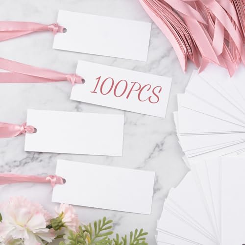 URROMA 100 tarjetas de lugar rectangulares, tarjetas de nombre en blanco para asiento de mesa, para boda, acompañante, recepción, letreros de nombre de invitados con cinta rosa