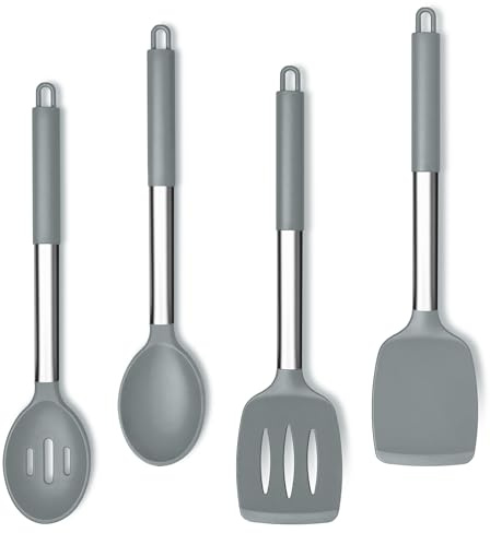 Herogo Kitchen Utensil Set of 4 with Stainless Steel Handle - Grey | Silicone Utensil Set, Heat Resistant Silicone for Cooking/Frying/Draining, Dishwasher Safe