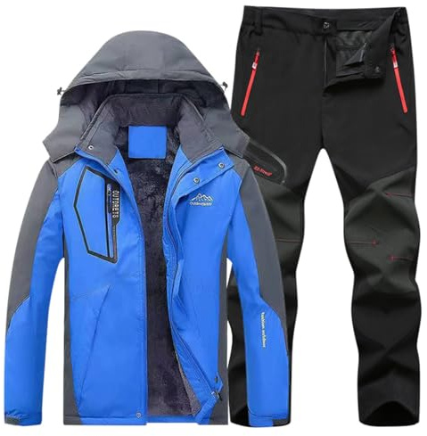 Generico Tuta da sci da uomo set da 2 pezzi tuta da neve per attività all'aria aperta antivento con cappuccio traspirante pantaloni da neve e giacca in softshell snowboard