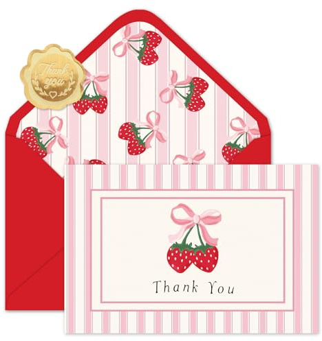 JarThenaAMCS 24 Pack Strawberry Thank You Cards Greeting Cards Coquette Pink Bow Stripe Blank Note Card with Envelopes Stickers for Summer Wedding Baby Shower Birthday Party, 4 x 6 Inch